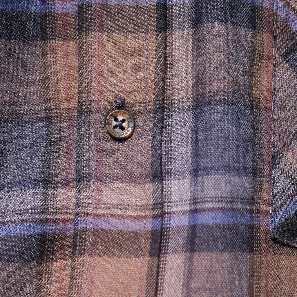 Close-up of a plaid shirt with two buttons on a checkered pattern.